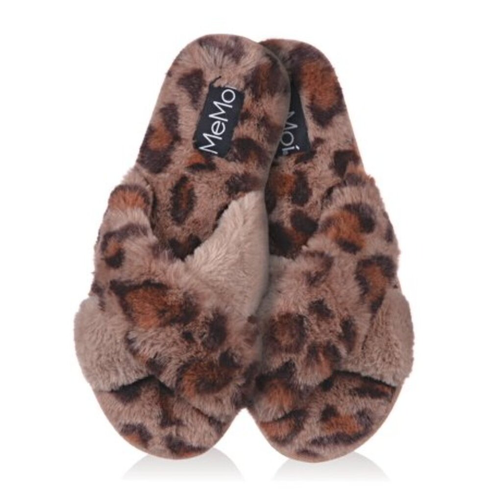 #1482 MeMoi Cheetah Crossover Open Toe Plush Slippers - Womens